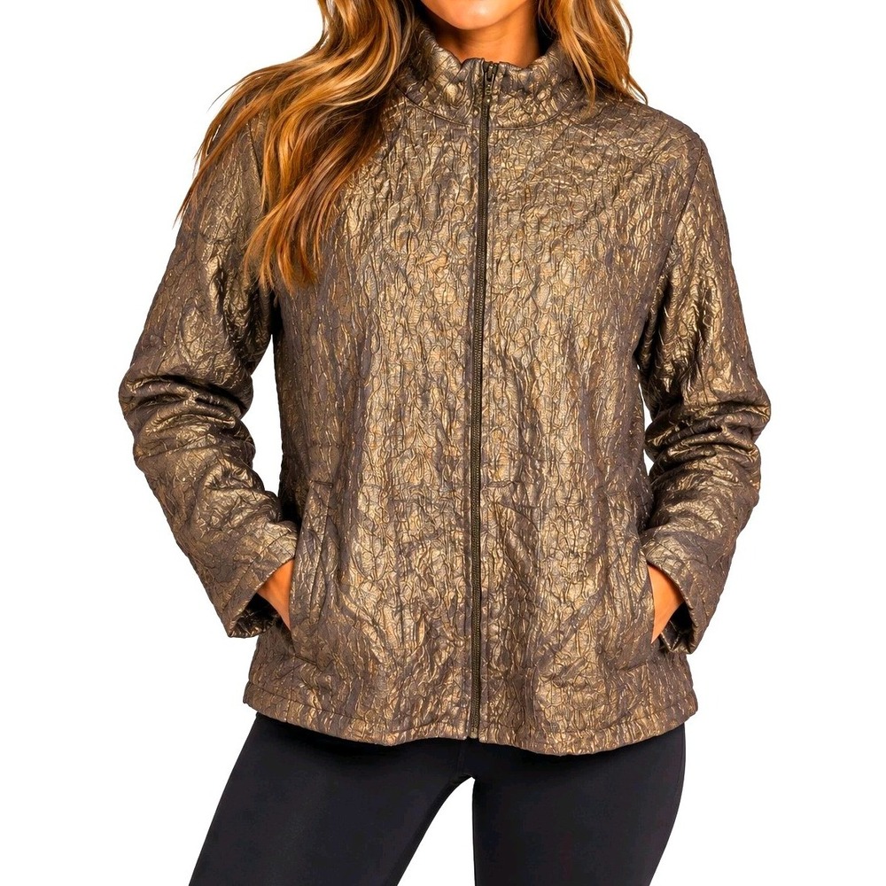 Chico's Women's Size 3 16/18 Bronze Gold Metallic Textured Zip Front Jacket